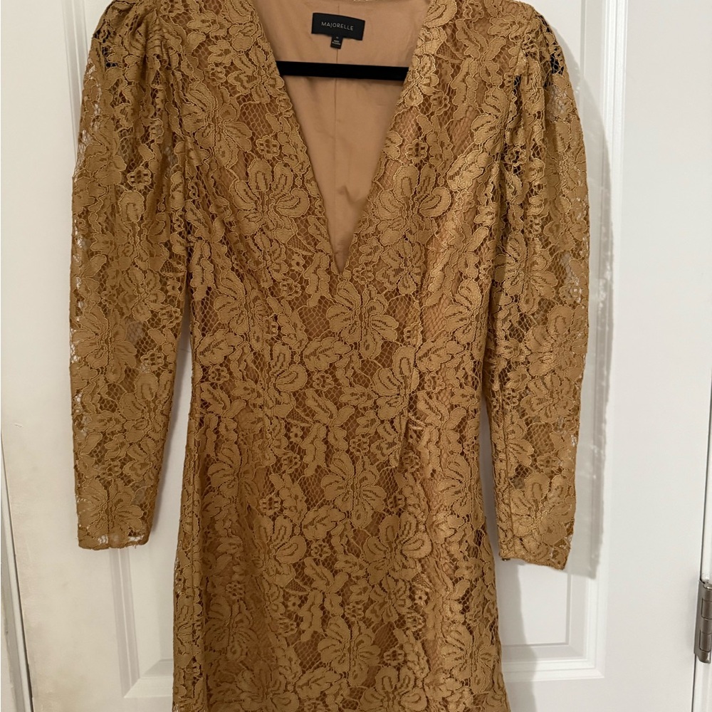 MAJORELLE Gold Sheath Dress with Puff Sleeves